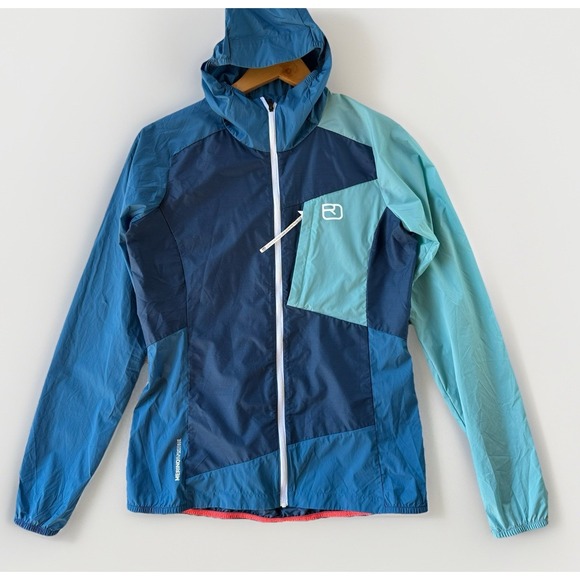 Ortovox Merino Windbreaker Jacket Women S Blue Hooded Packable Outdoor $220 - Picture 1 of 12